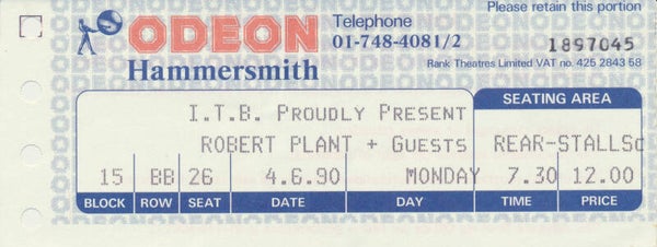 Robert Plant - London, June 4, 1990 [UK] - Ticket Stub