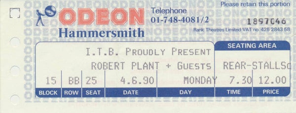 Robert Plant - London, June 4, 1990 [UK] - Ticket Stub