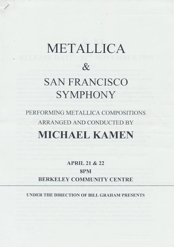 Metallica - S&M - November 1999 [Holland] - Press Release