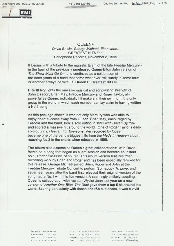 Queen - Greatest Hits III - October 8, 1999 [Holland] - Press Release Fax