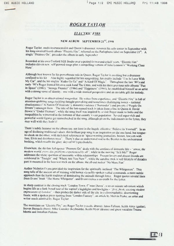 Roger Taylor - Electric Fire - August 3, 1998 [Holland] - Press Release Fax