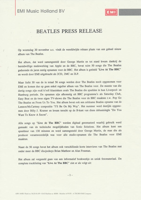 The Beatles - Live At The BBC - 1994 [Holland] - Press Release