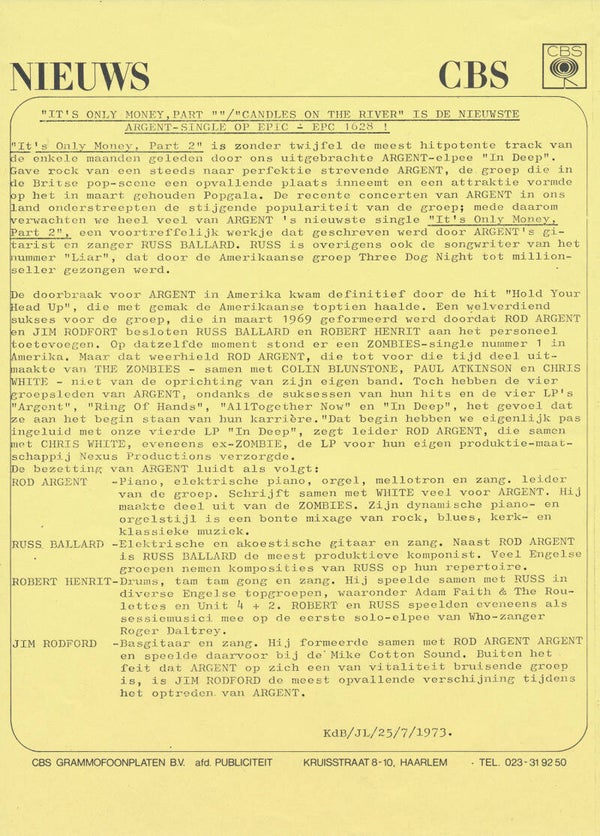Argent - It's Only Money - July 25, 1973 [Holland] - Press Release