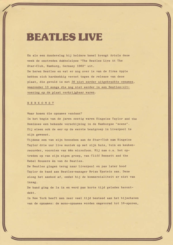 The Beatles - Live At The Star-Club Hamburg - May 1977 [Holland] - Press Release