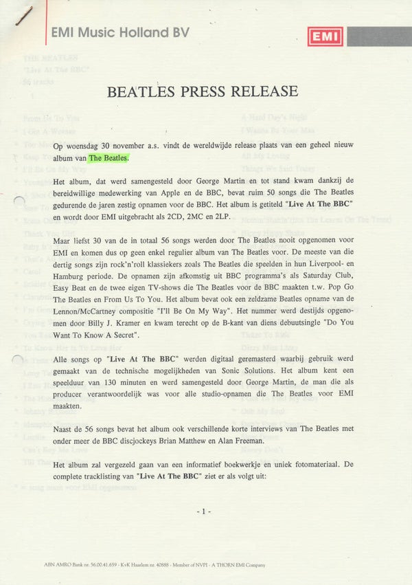The Beatles - Live At The BBC - 1994 [Holland] - Press Release