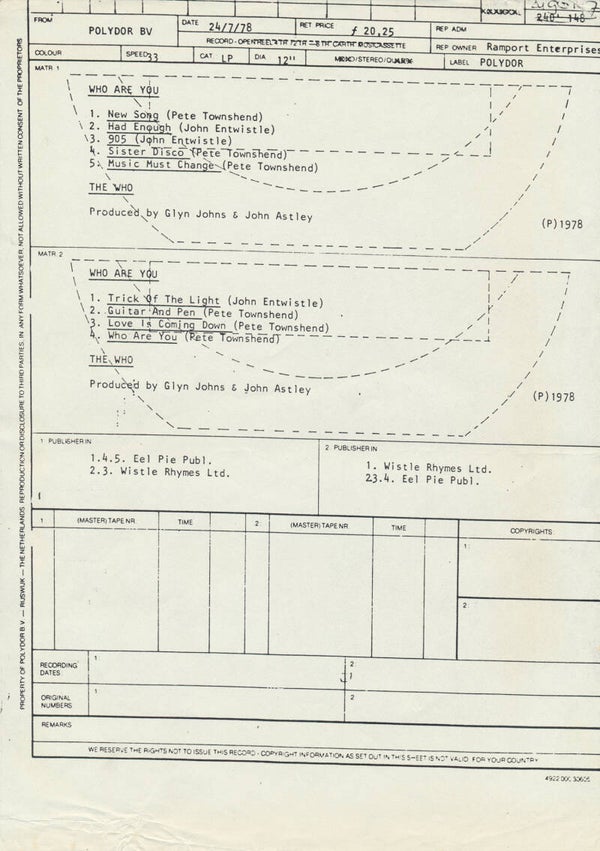 The Who - Who Are You - July 24, 1978 [Holland] - LP Production Sheet