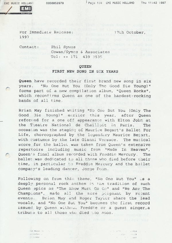 Queen - No One But You - October 17, 1997 [Holland] - Press Release Fax