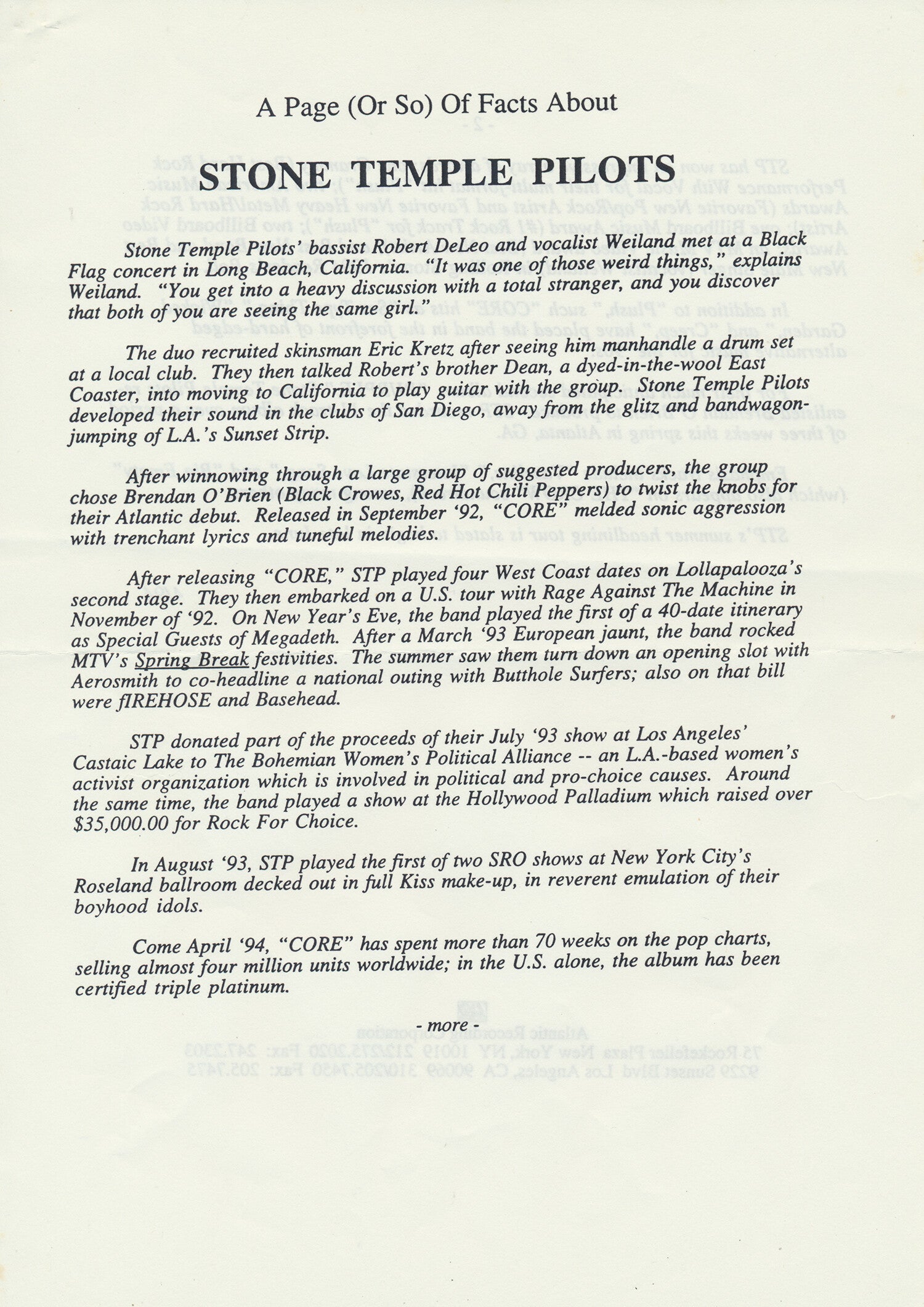 Stone Temple Pilots - A Page (Or So) Of Facts About - April 1994 [Holland] - Press Release