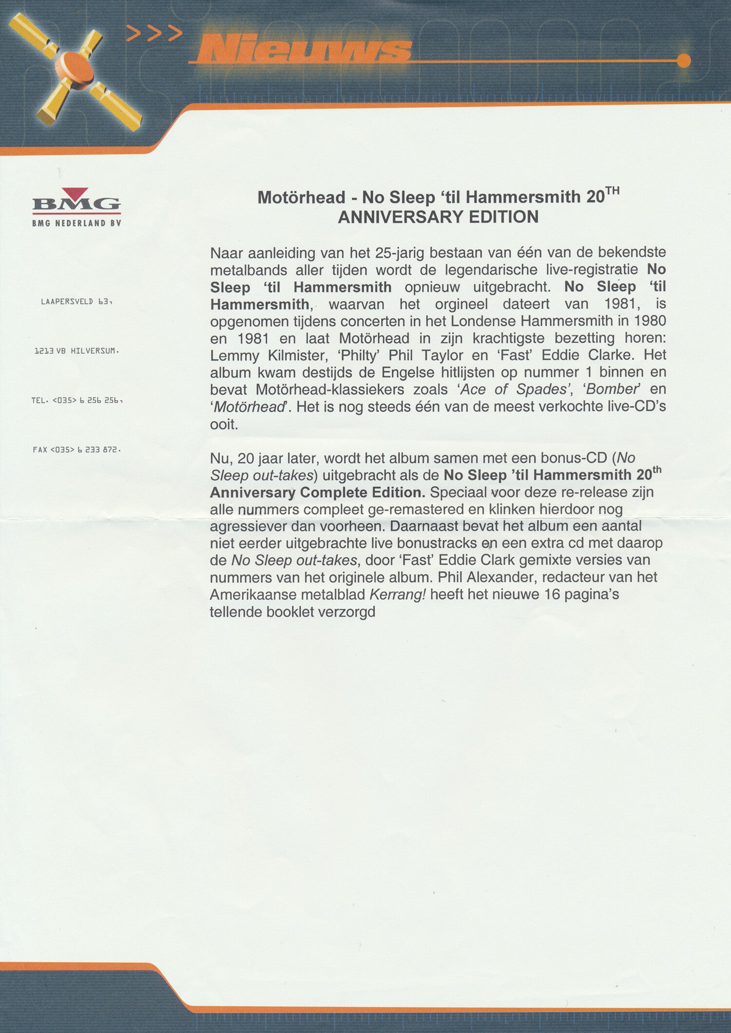 Motörhead - No Sleep 'til Hammersmith - 2001 [Holland] - Press Release