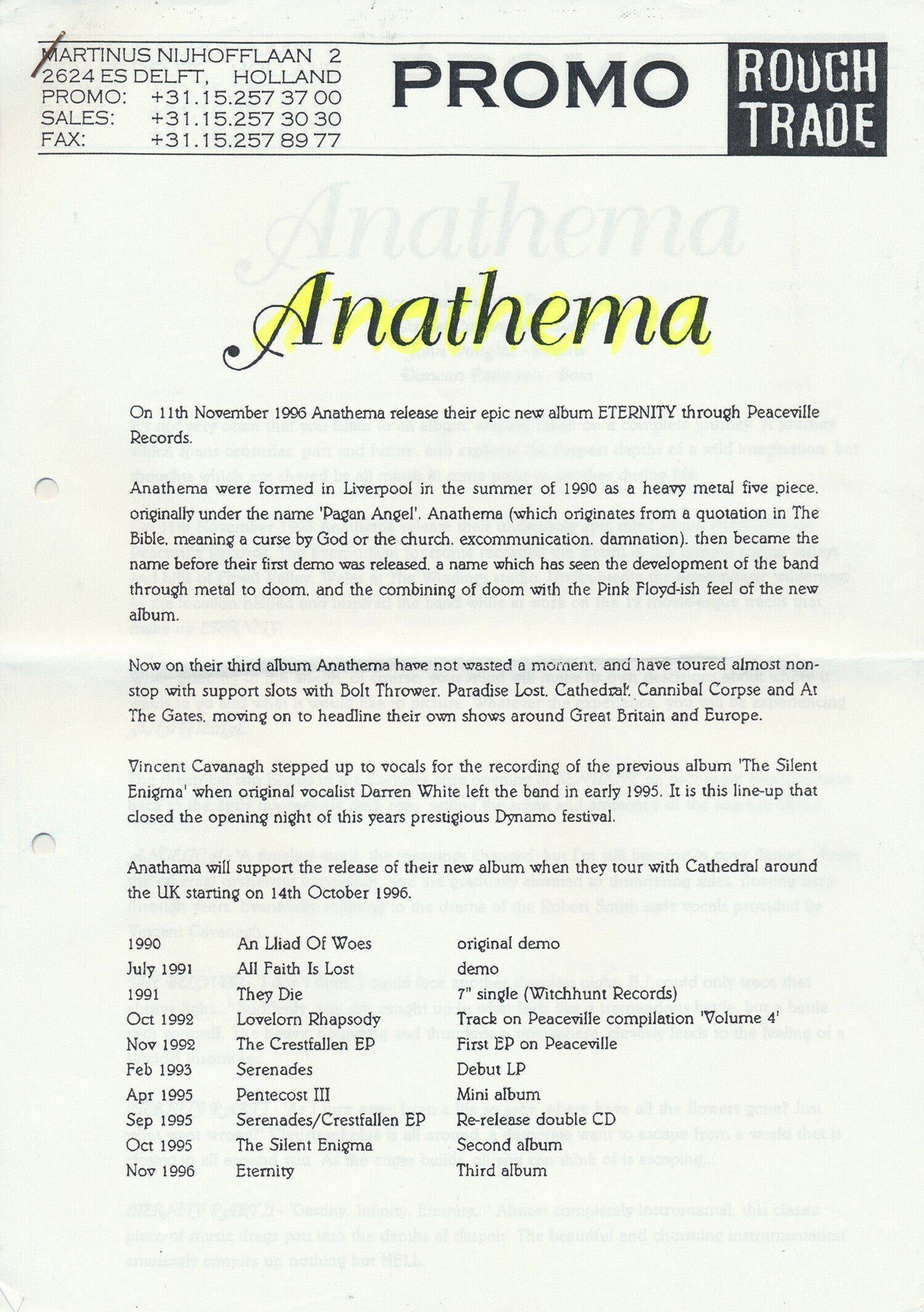 Anathema - Eternity - 1996 [Holland] - Press Release