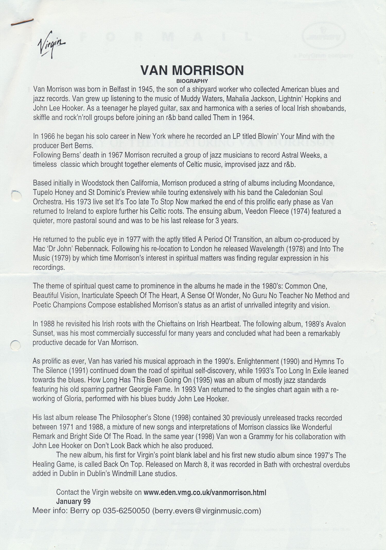 Van Morrison - Biography - January 1999 [Holland] - Press Release