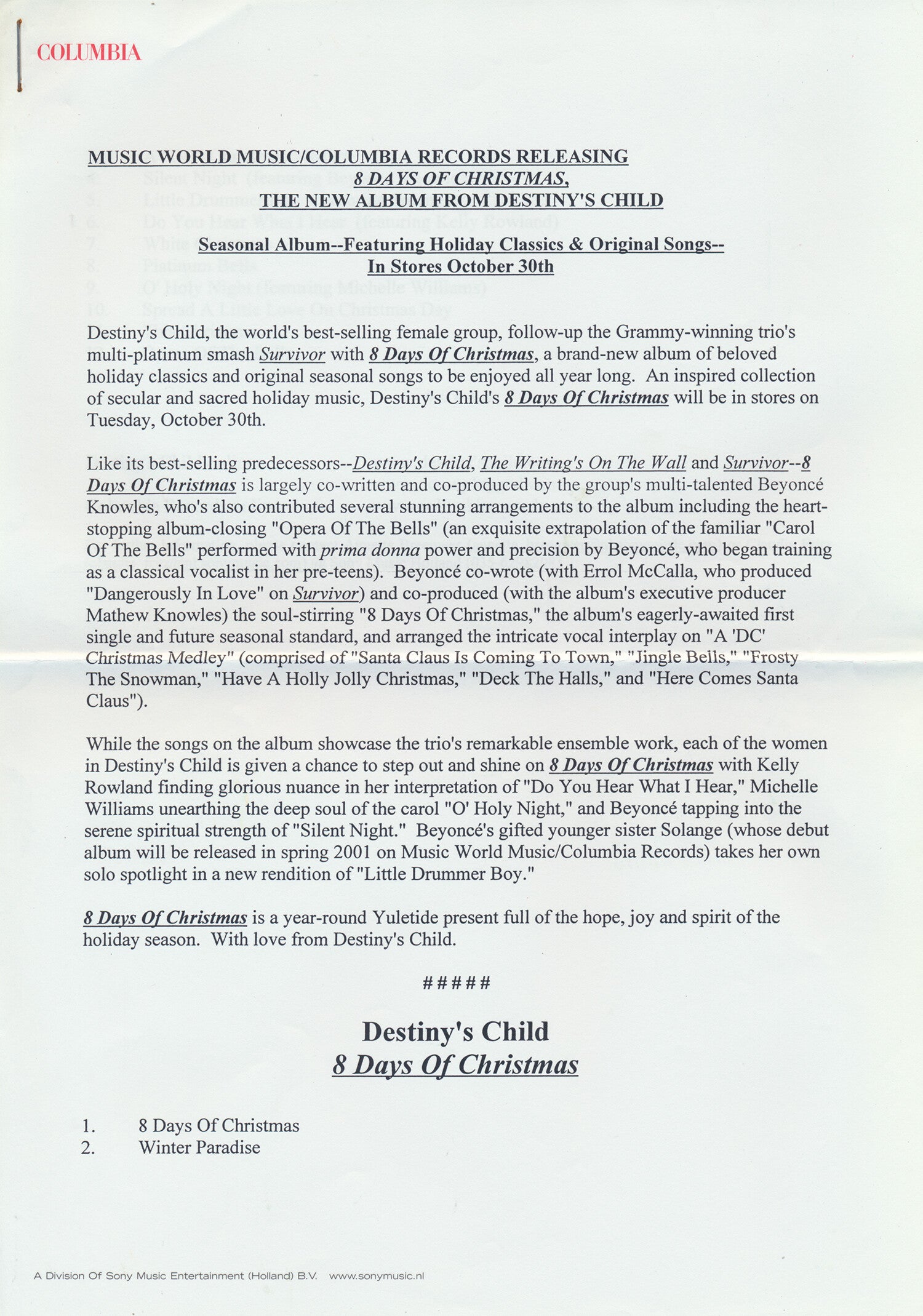 Destiny's Child - 8 Days Of Christmas - 2001 [Holland] - Press Release
