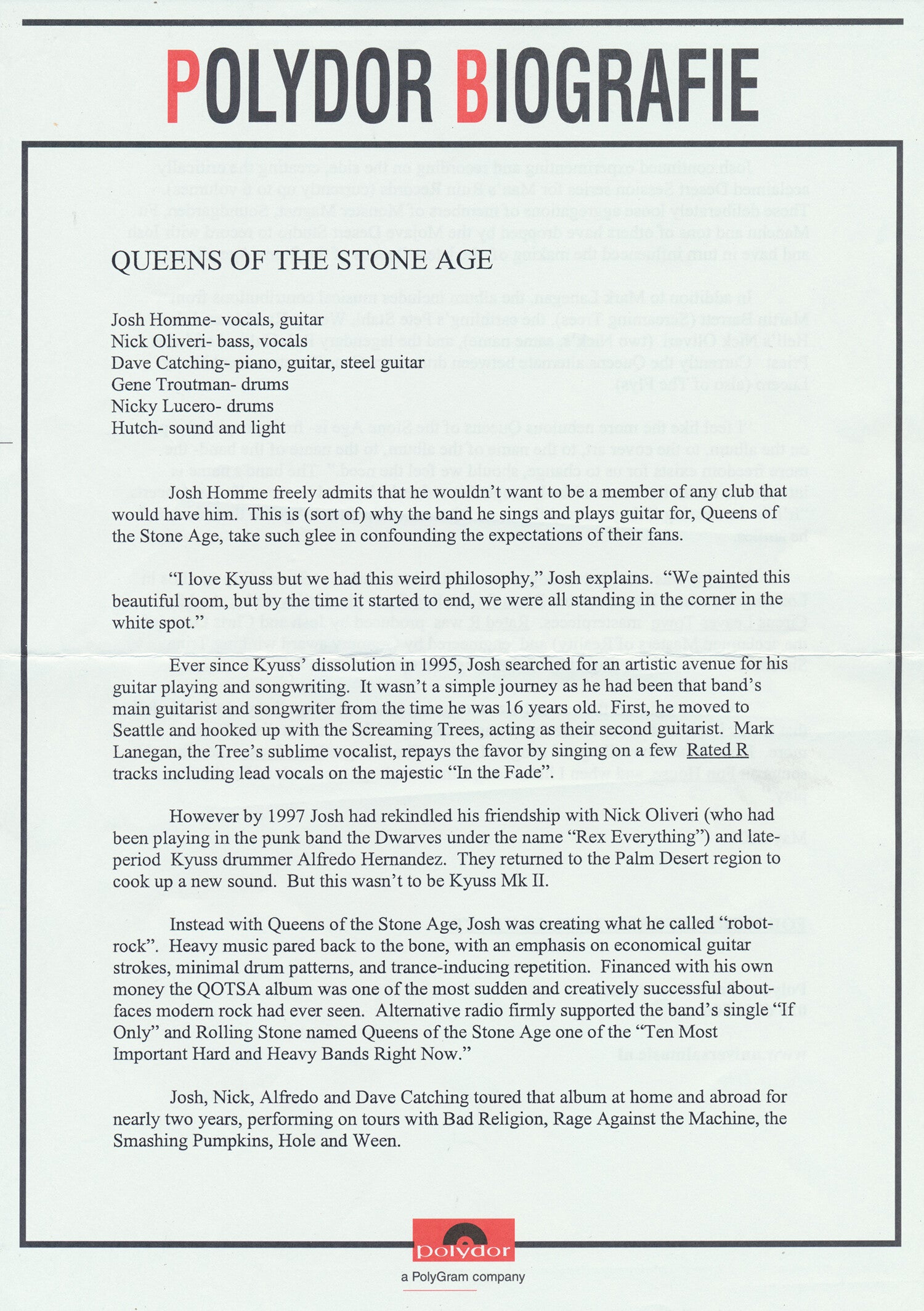 Queens Of The Stone Age - Polydor Biografie - May 2000 [Holland] - Press Release