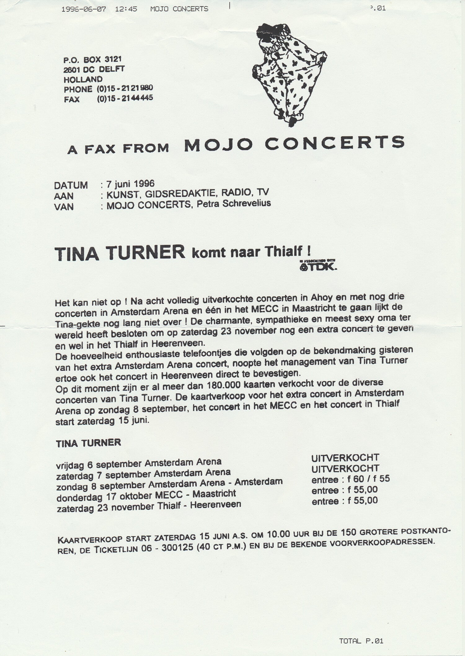Tina Turner - Komt Naar Thialf! - June 7, 1996 [Holland] - Press Release (Fax)