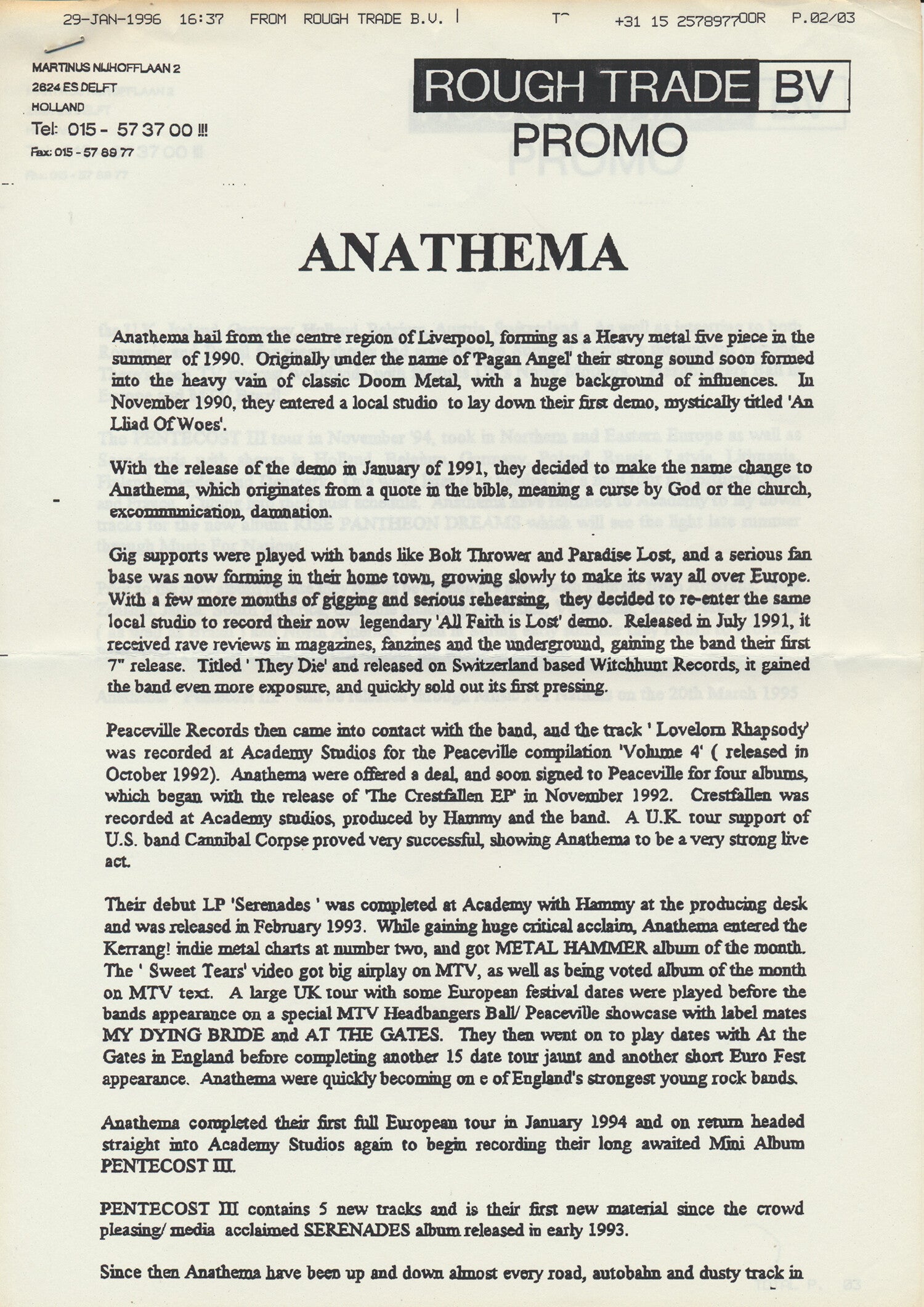 Anathema - Pentecost III - 1996 [Holland] - Press Release