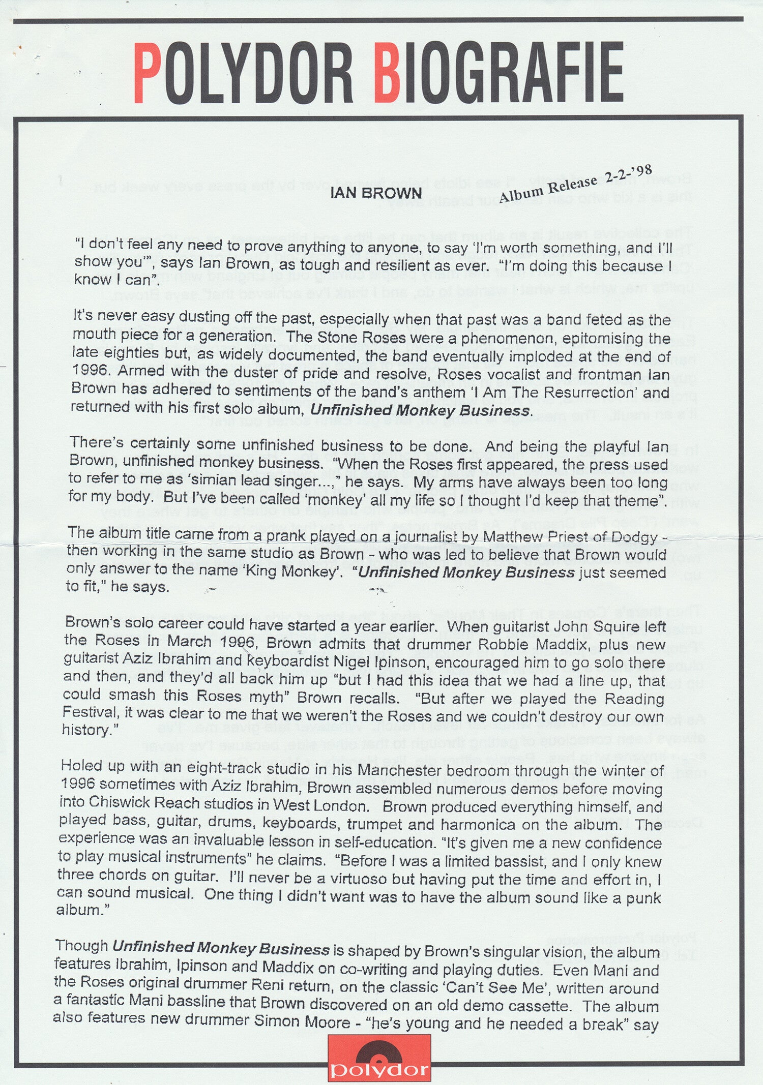 Ian Brown - Unfinished Monkey Business - 1998 [Holland] - Press Release