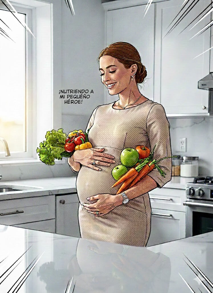 Mujer embarazada con Vegetales a su alrededor pensando que come saludable para el bienestar de su bebe en gestacion 