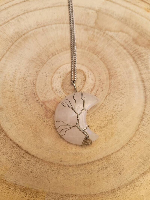 Pendentif Cristal de roche, Lune Arbre de Vie