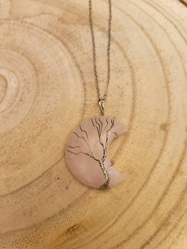 Pendentif Quartz rose, Lune Arbre de Vie