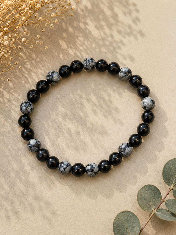 🖤 Bracelet Bouclier – Obsidienne Noire & Obsidienne Neige