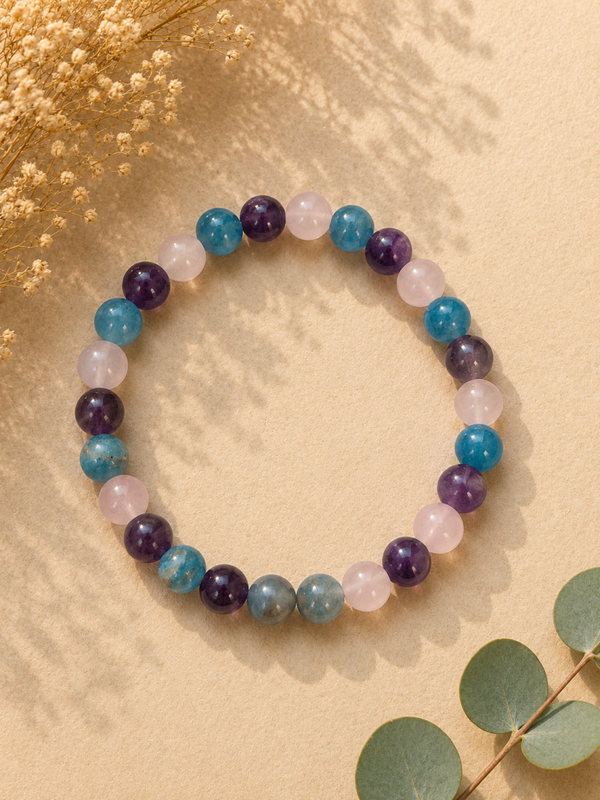 💜 Bracelet Harmonie du Cœur – Quartz Rose, Améthyste & Apatite Bleue