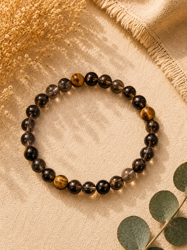 🤎 Bracelet Ancrage & Protection – Œil de Tigre & Quartz Fumé