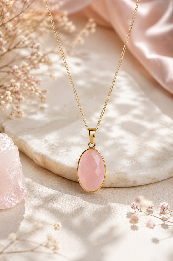 Quartz rose, serti