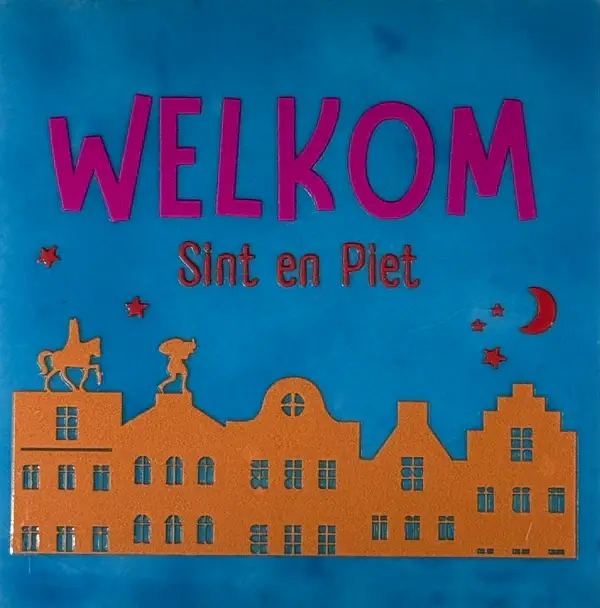 Tegeltje 'Welkom Sint en Piet - lichtblauw/oranje (knalroze-rood)