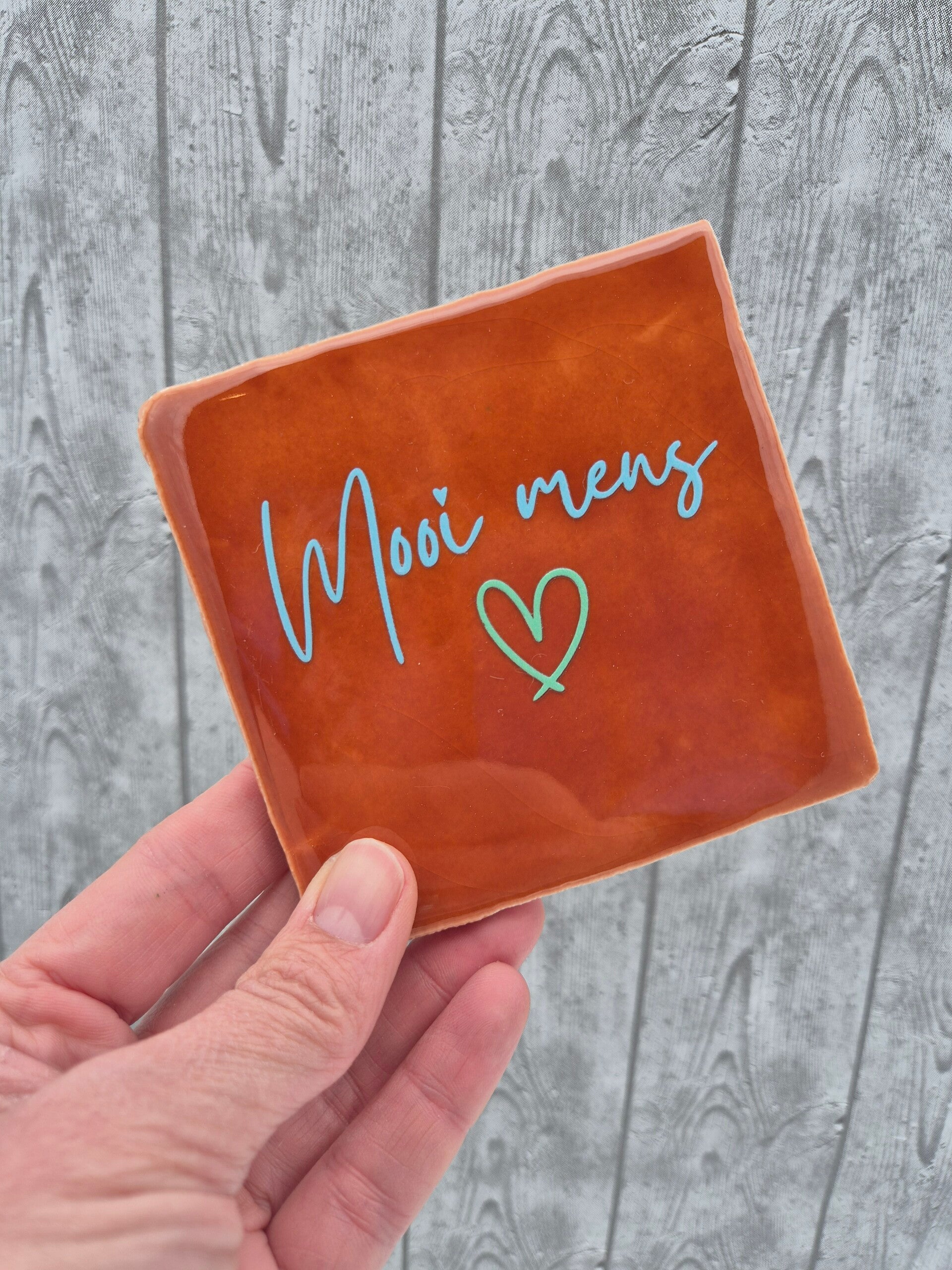 Tegeltje 'Mooi mens' - bruin/lichtblauw & groen
