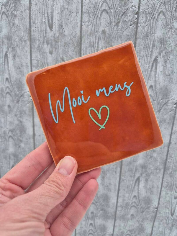 Tegeltje 'Mooi mens' - bruin/lichtblauw & groen