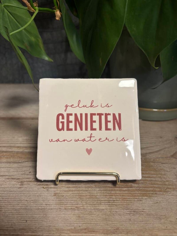 Tegeltje 'Geluk is genieten van wat er is' - Crème/roze - Keramiek
