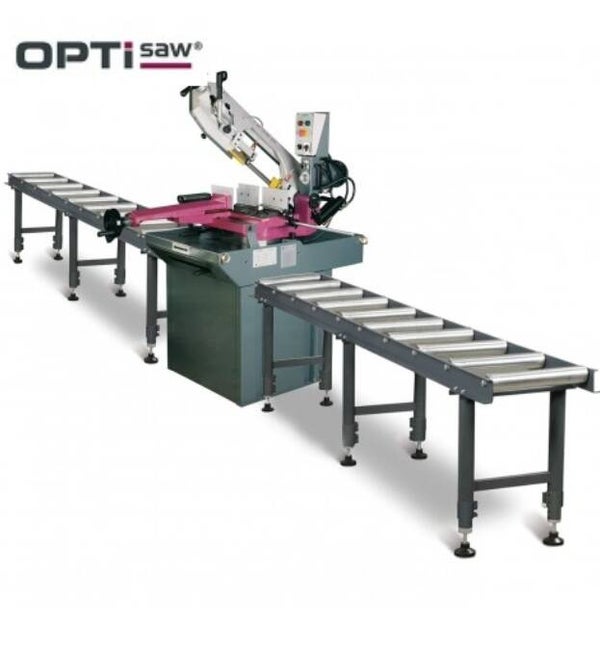 Optisaw lintzaagmachine inclusief rollenbanen.