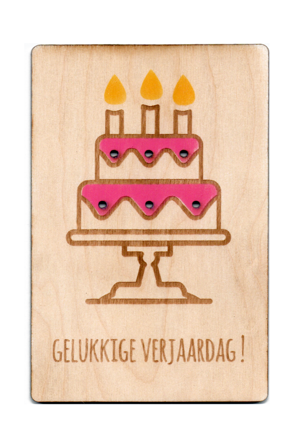 houten postkaartje Verjaardagstaart - houten kaartjes