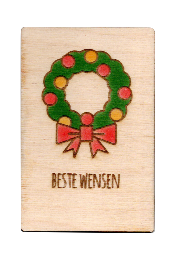 houten postkaartje Kerst Krans - houten kaartjes