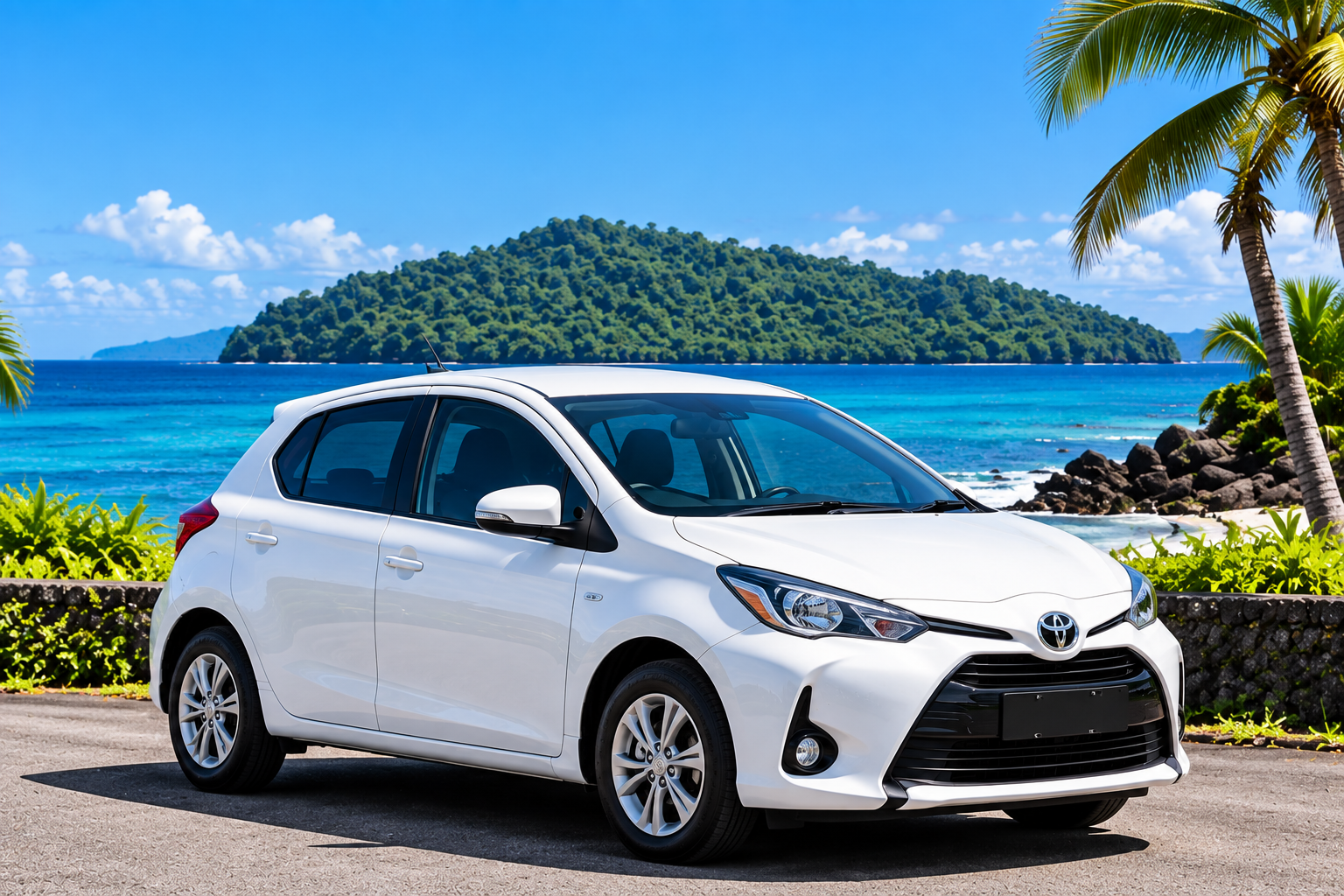 White 5-seater compact car parked beside the tropical coastline in Samoa.
