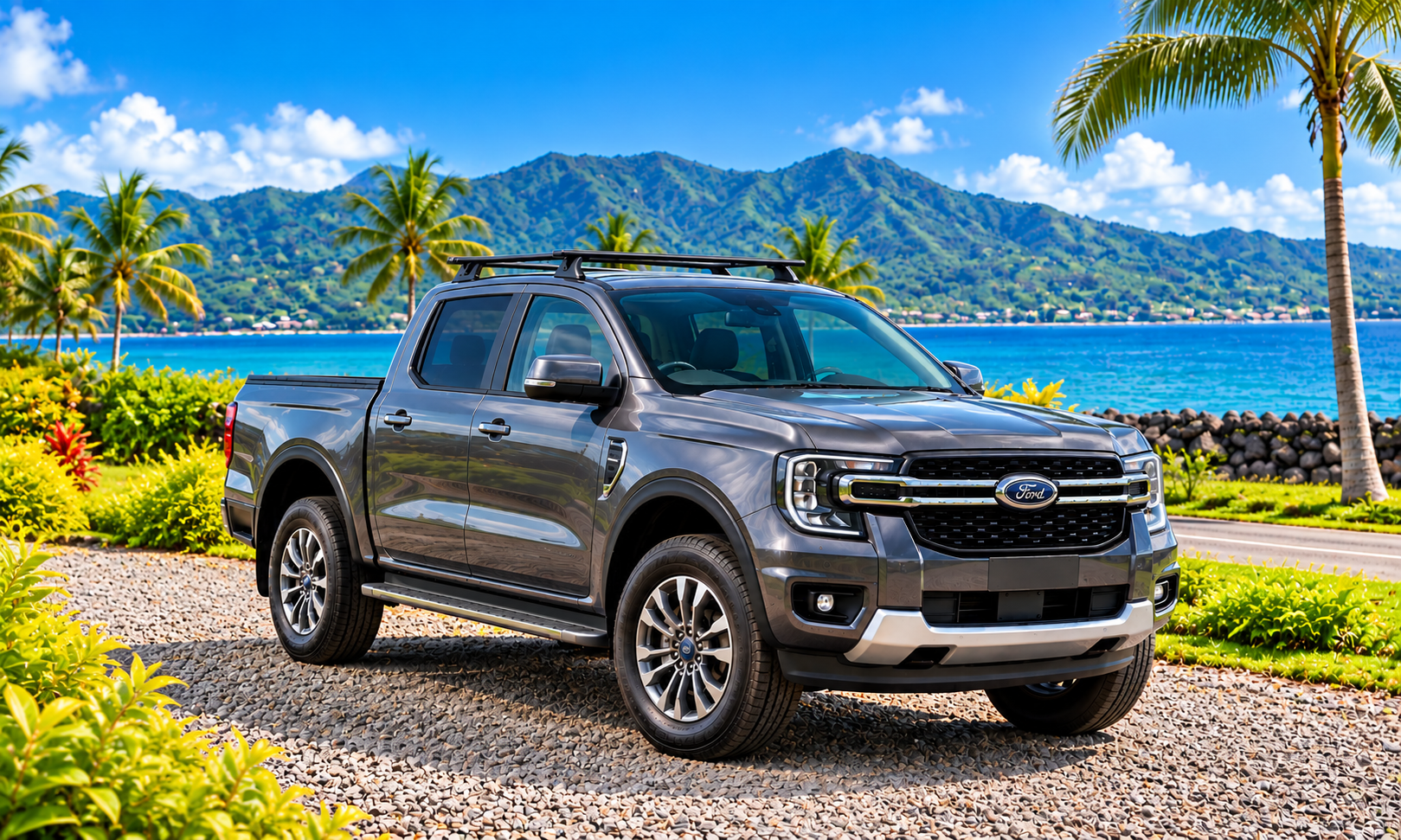 White Ford Ranger 5-seater ute parked beside the tropical coastline in Samoa.