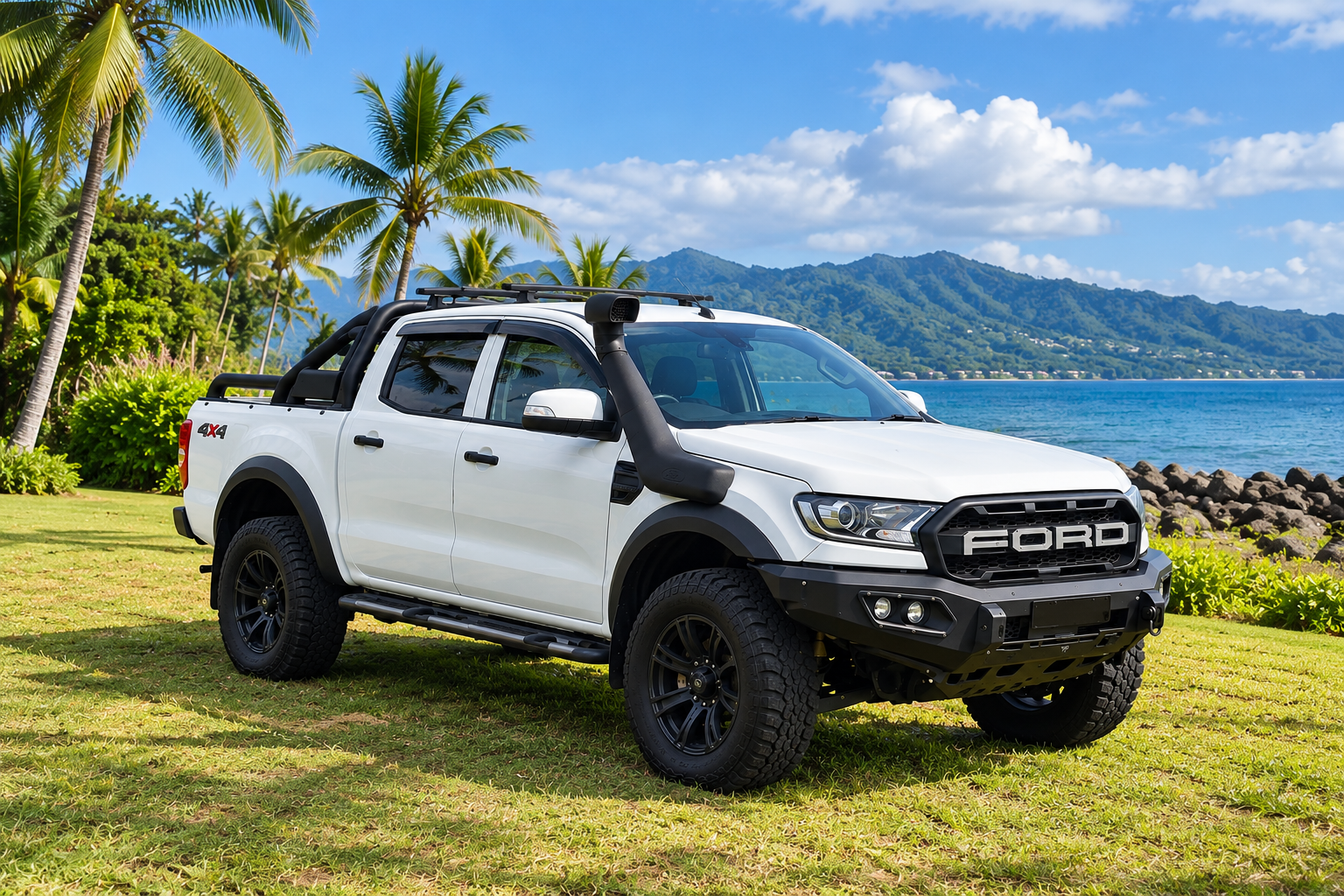 White Ford Ranger 5-seater ute parked beside the tropical coastline in Samoa.
