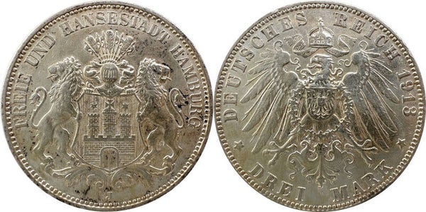 German Empire, Hamburg 3 Mark 1913 J VF