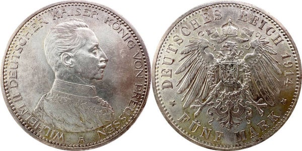 German Preußen 5 Mark 1914 A Wilhelm II. VF