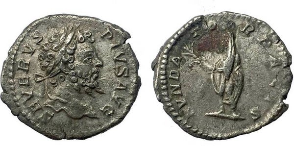 Roman Empire - AR Denarius AD 201. Septimius Severus (AD 193-211) / emperor standing. VF