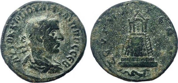 Roman Empire, Philip II Æ30 of Commagene, Zeugma. (AD 247-249) / Tetrastyle temple of Zeus, VF
