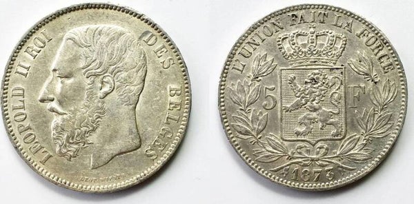 Belgium, Léopold II, 5 Francs, (1875) AU