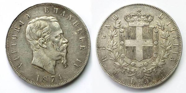 Italy (Kingdom) - 5 Lire (1874) M. Vittorio Emanuele II. VF+