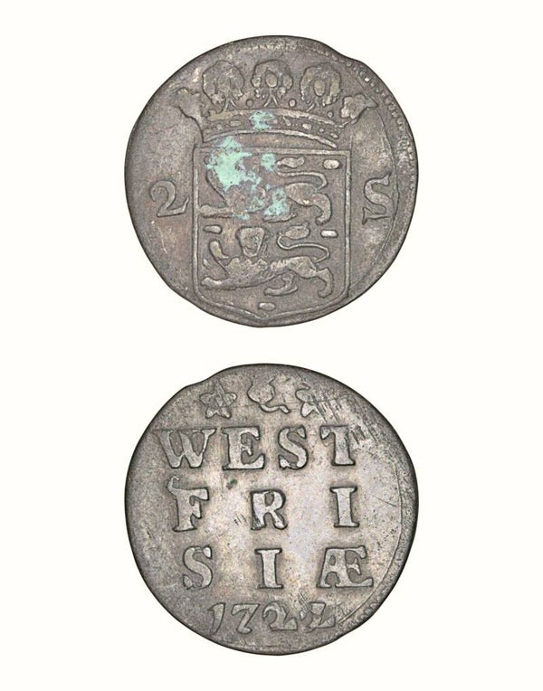 Netherlands › Dutch Republic › West Friesland 2 Stuivers 1722 Overdate 1722/21 !Rare! "Double Wapenstuiver" WEST/FRISIA; arms Ref: KM# 106.2, Ver# 75.4 Lot: 3752