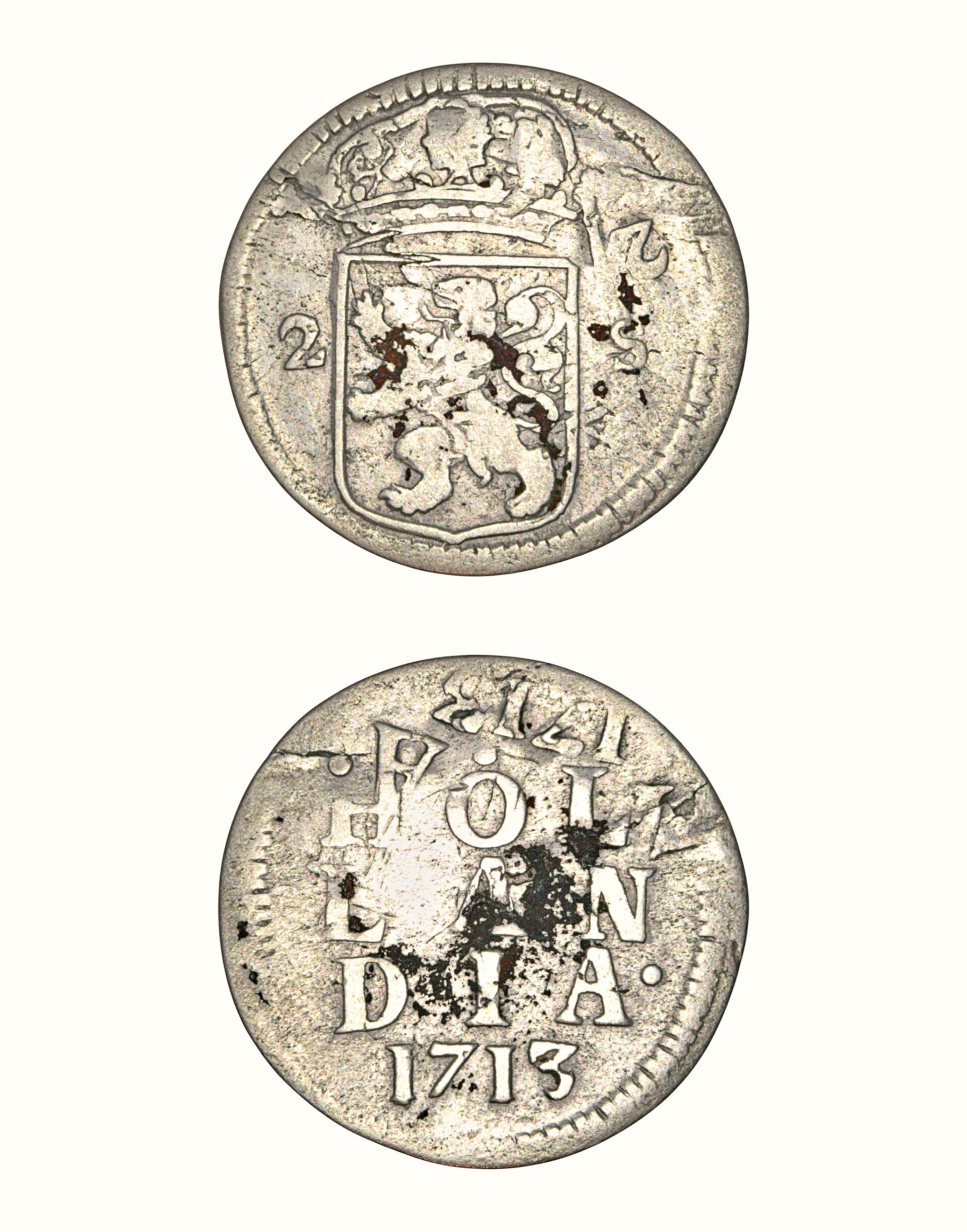 Netherlands › Dutch Republic › Holland 2 Stuivers double-struck coin 1713 "Double Wapenstuiver" Ref: KM# 48, Ver# 56.4 Lot: 3758