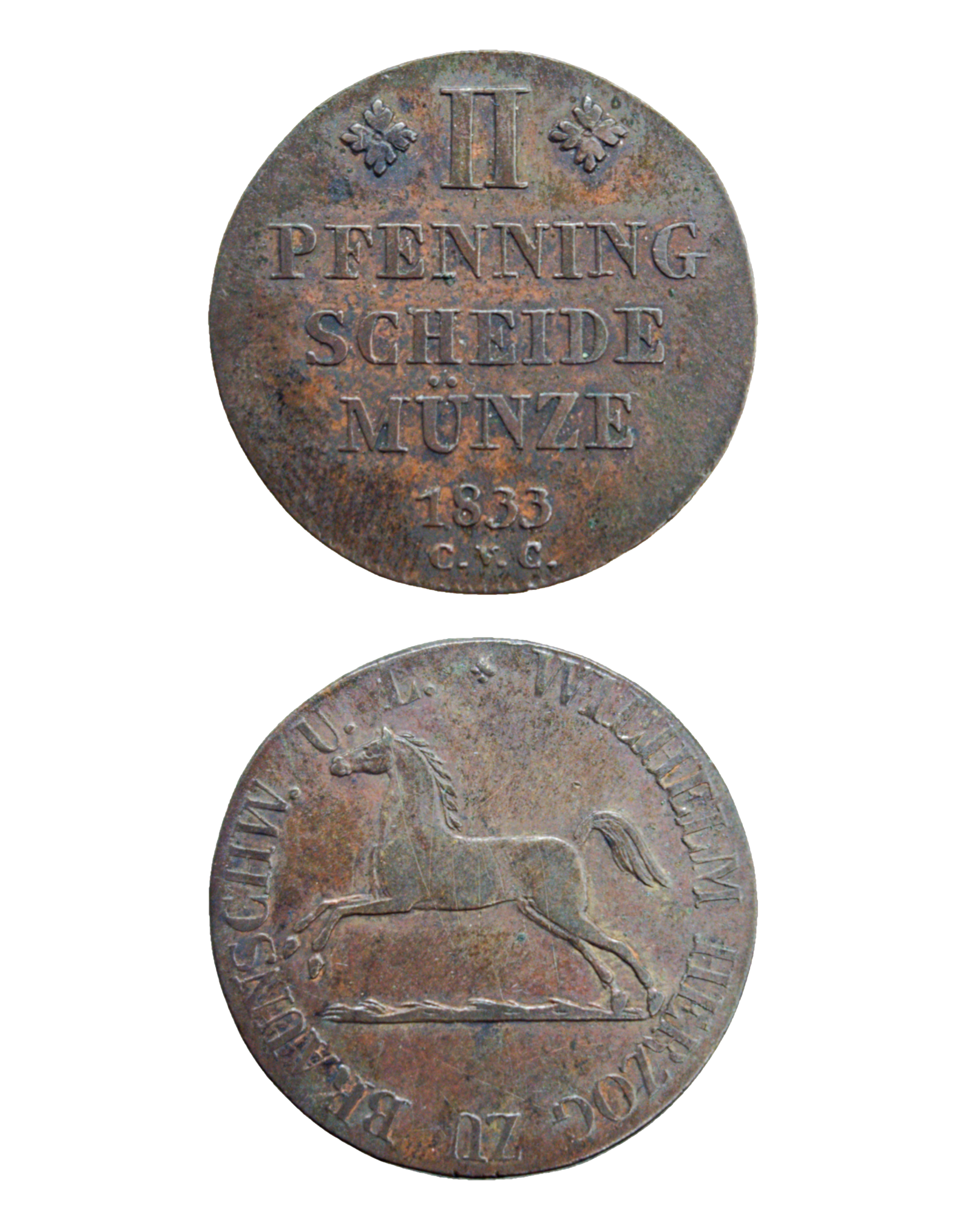 GERMANY, BRUNSWICK WOLFENBUTTEL, II, 2 Pfennige 1833 CvC, KM.1123, extremely fine+ Lot:  3768