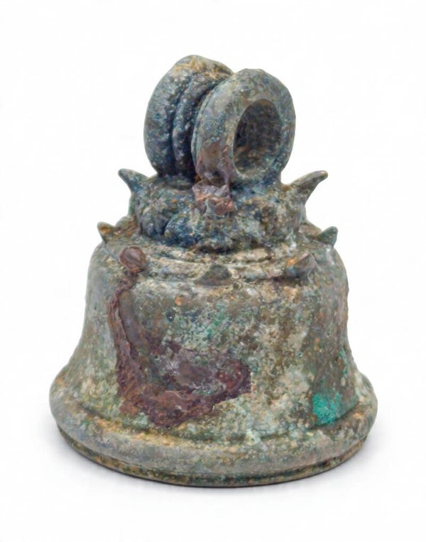 Indonesian - Javanese Bronze Ritual Temple Bell (Ghanta) with clapper and a floral collar of an inverted lotus flower (padma) and possibly stylized Kāla or mythological elements Lot:  3814