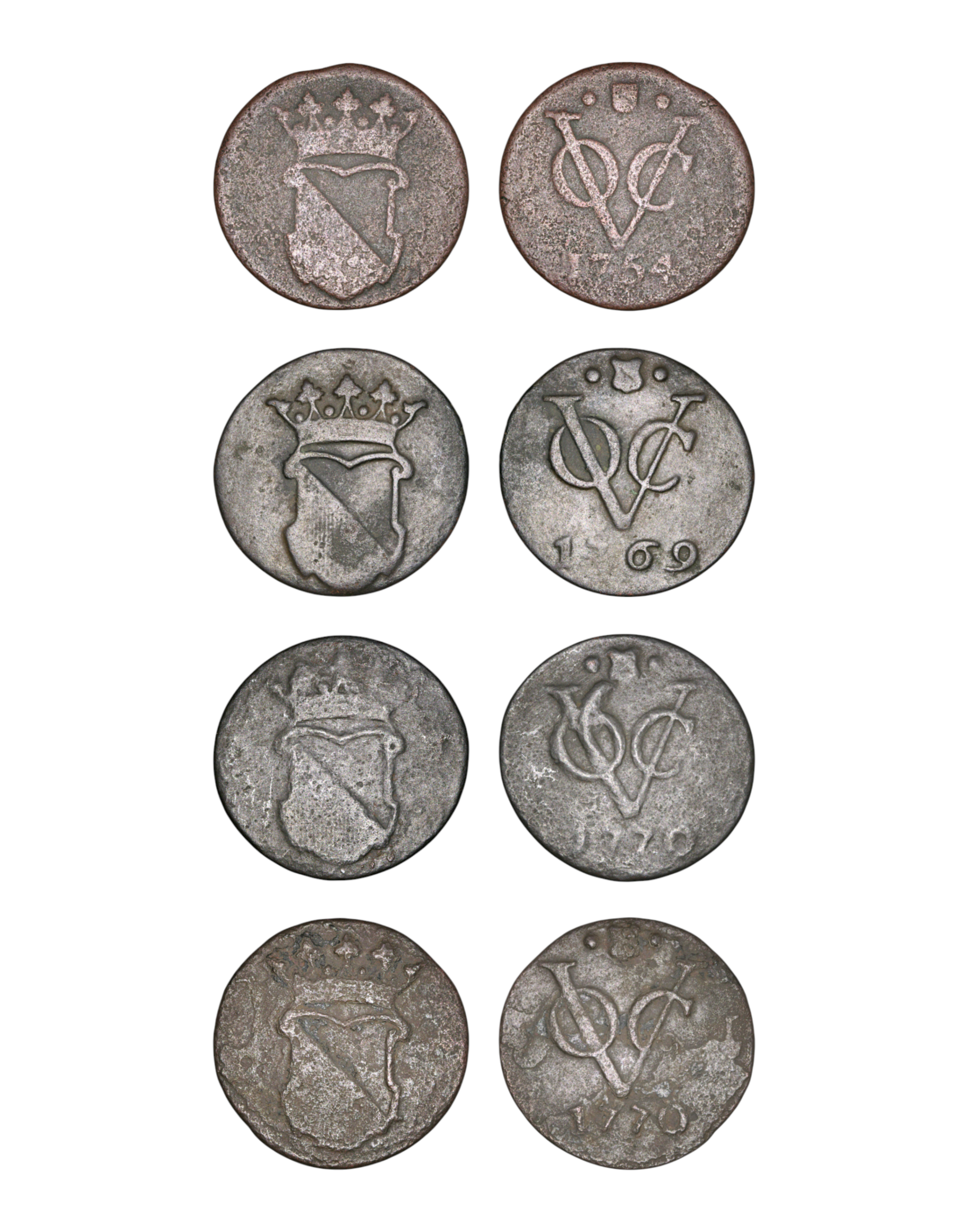 Netherlands East Indies (1601-1949) > ½ Duit 1754, 1769 & 2x 1770 Utrecht Ref: KM# 112, Passon 14.8 & 14.9 Lot:  3824