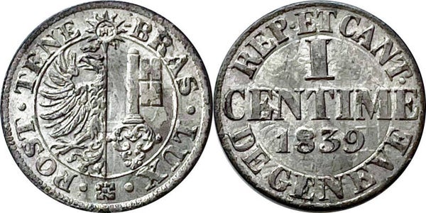Swiss, Canton of Geneva - 1 Centime 1839. UNC
