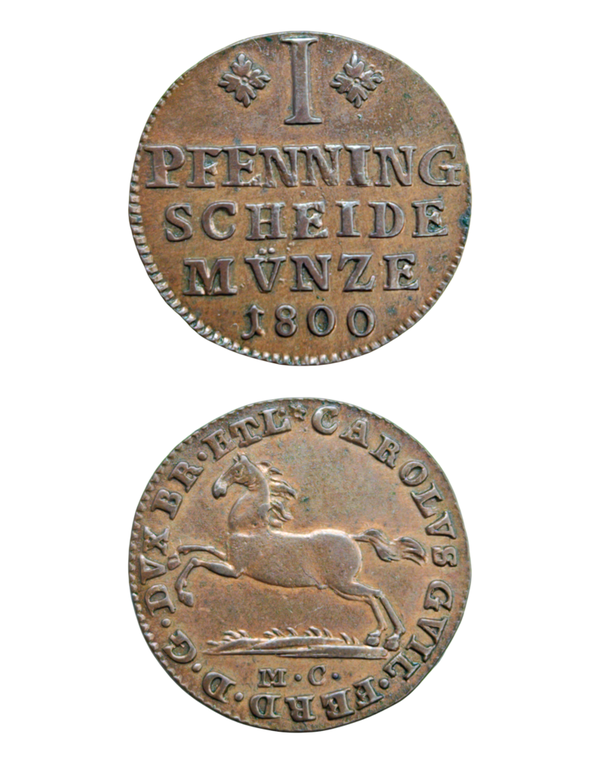 GERMANY, BRUNSWICK WOLFENBUTTEL, pfennig 1800 M.C., KM.995, extremely fine+